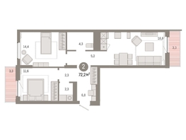 Продается 2-комнатная квартира ЖК Пшеница, дом 3, 71.55  м², 10500000 рублей