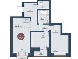 Продается 3-комнатная квартира ЖК Белозерский, корпус 3, 69.1  м², 12983500 рублей
